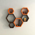 Hexagon Shape Wooden Wall Shelf  (Number of Shelves - 6, Brown, Orange)