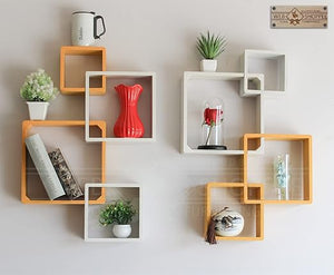 Designer Intersecting Wall Shelves (Set of 8) (Yellow, White)