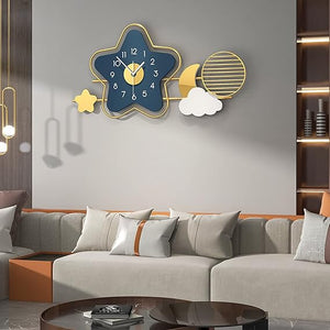 Modern Wall Clock for Living Room Decor, Moon-Stars Shape Decorative Silent Non-Ticking Large Wall Clock