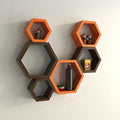 Hexagon Shape Wooden Wall Shelf  (Number of Shelves - 6, Brown, Orange)