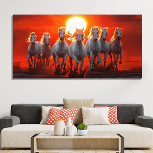 Beautiful View of 7 Running Horses at Sunset Premium Canvas Wall Painting